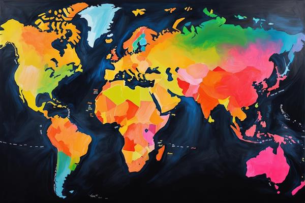 نقشه جهان با رنگ‌های گرم و زنده (نارنجی، صورتی) روی پس‌زمینه سیاه