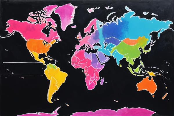 نقشه جهان با رنگ‌های متضاد و روشن و مرزهای مشخص روی مشکی