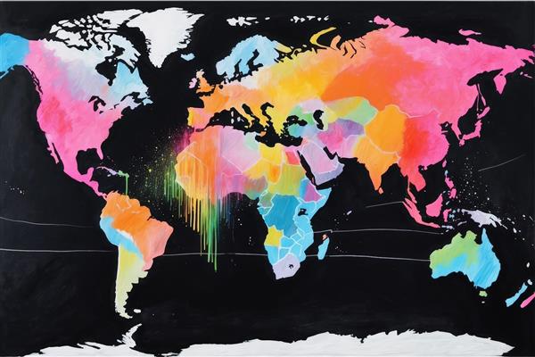 نقشه جهان رنگی با جلوه ریختن رنگی طرح گرافیتی مدرن