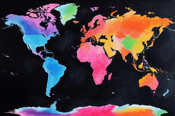 نقشه جهان با رنگ‌های تند و درخشان بر زمینه مشکی، طرح سایکدلیک