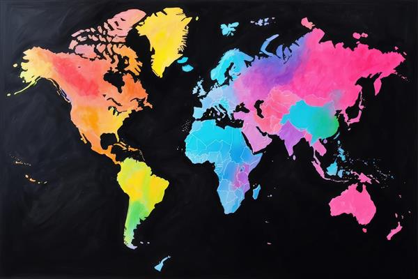 نقشه جهان با بافت آبرنگی رنگین‌کمانی بر پس‌زمینه تیره، طرح هنری