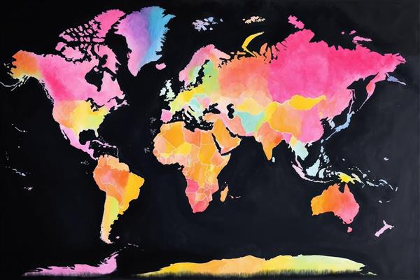 نقشه جهان رنگارنگ نئونی روی پس‌زمینه مشکی، طرح انتزاعی آبرنگی