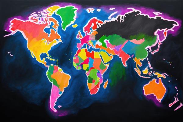نقشه جهان رنگی با حاشیه نئونی درخشان، طرح فانتزی و پرانرژی