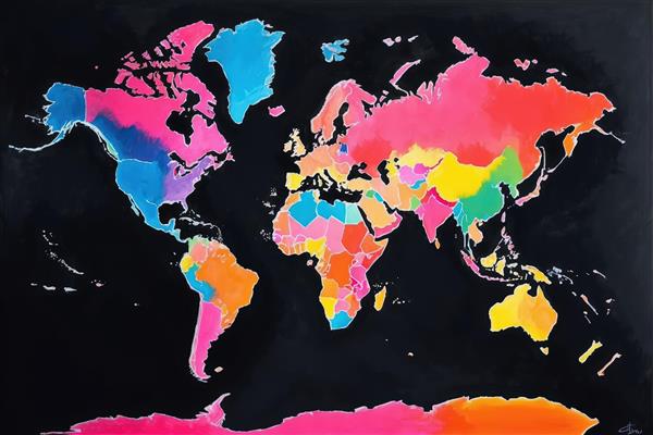 نقشه جهان با رنگ‌های فلورسنت و بافت آبرنگی بر زمینه تیره