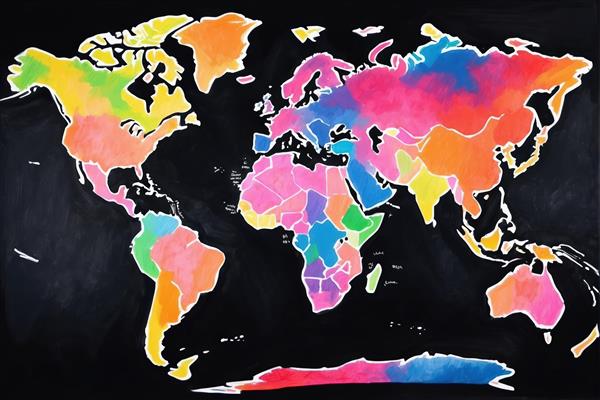 نقشه جهان با رنگ‌های نئونی شاد بر روی پس‌زمینه مشکی، طرح کارتونی