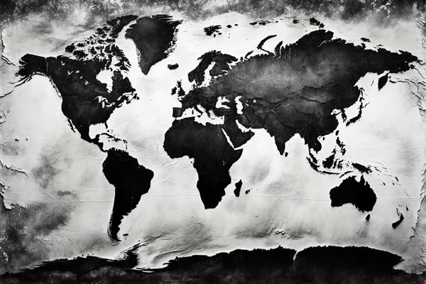 نقشه جهان با بافت کهنه، طرح واترکالر سیاه و سفید دارک