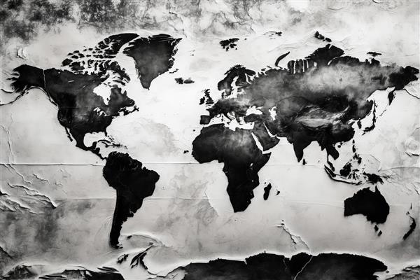 نقشه جهان با بافت ابروبادی و دودی، طرح انتزاعی سیاه و سفید