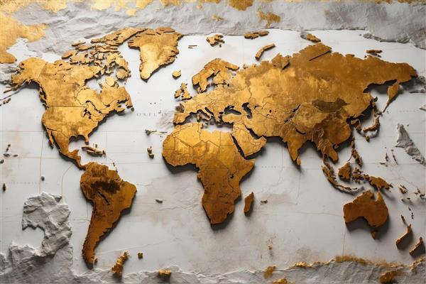 نقشه جهان با جلوه طلایی مات و بافت گچی، مناسب چاپ دکوراتیو