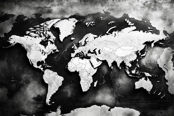نقشه برجسته جهان سیاه و سفید با تفکیک کشورها، طرح مدرن ۳بعدی