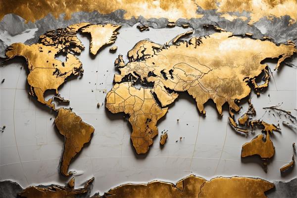 نقشه جهان طلایی با خطوط سیاسی روی بافت گچ‌کاری (نقشه دکوراتیو با مرزبندی‌های جزئی و بافت مجسمه‌سازی شده، لوکس)