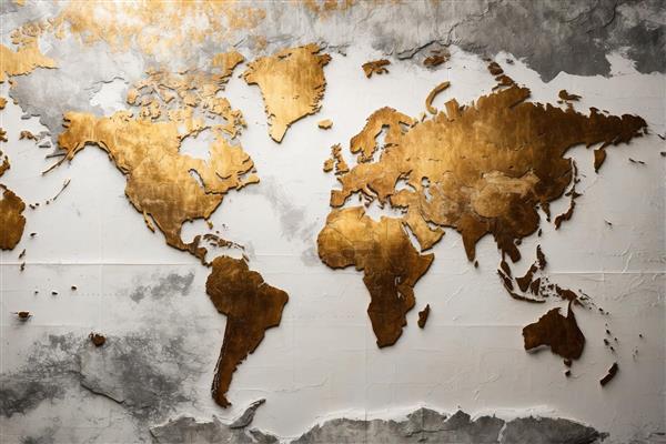 نقشه جهان برجسته طلایی با بافت گچی سفید و رگه‌های خاکستری (نقشه دکوراتیو با عمق، کنتراست رنگ و بافت دیوارپوش)