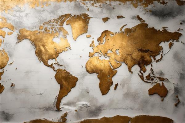 نقشه جهان طلایی روی بافت گچی و مرمر خاکستری (نقشه دکوراتیو برجسته با خطوط عمودی و سایه‌های تیره روی پس‌زمینه روشن)