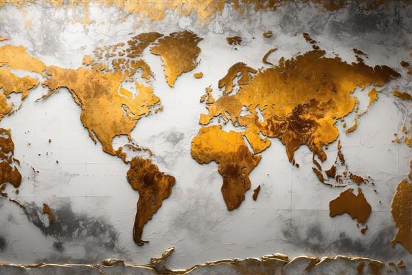 نقشه جهان با فویل طلا روی بافت پتینه گچی و خاکستری (نقشه دکوراتیو برجسته با بافت خشن و رنگ‌های گرم و سرد)