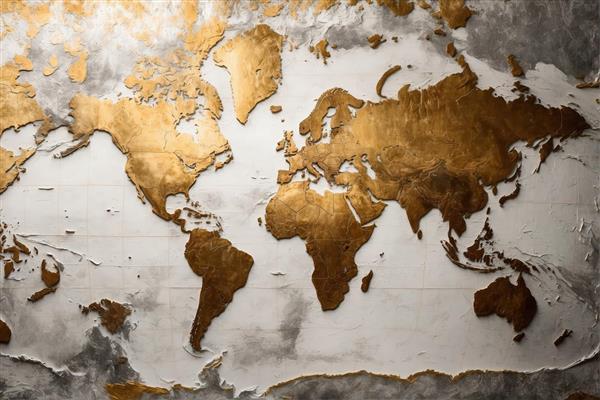 نقشه جهان متالیک طلایی روی دیوارپوش گچی و خاکستری (تصویر دکوراتیو نقشه برجسته، بافت سنگی و رنگ‌های خنثی)