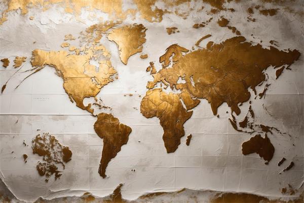 نقشه جهان طلایی با بافت گچ‌کاری روی زمینه سفید (نقشه برجسته با فویل طلا و بافت سیمانی روشن، مینیمال لوکس)