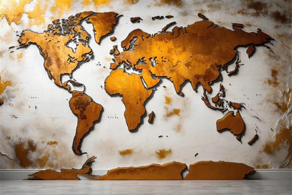 نقشه جهان چوبی طلایی روی بافت گچی سفید و زنگ زده (تصویر دکوراتیو نقش برجسته، مناسب دیوارپوش مدرن)
