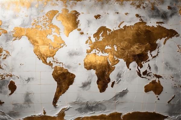 نقشه جهان طلایی با بافت ورق طلا روی پس‌زمینه سفید متالیک (نقشه دکوراتیو براق با رنگ‌های طلایی و نقره‌ای، لوکس)
