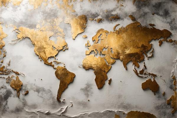 نقشه جهان طلایی روی بافت مرمری سفید و خاکستری (نقشه دکوراتیو لوکس با بافت سنگی، رنگ‌های روشن و متالیک)
