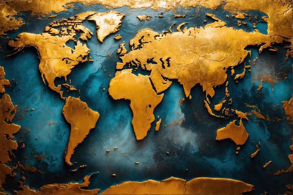 نقشه جهان طلایی با بافت قدیمی روی پس‌زمینه آبی اقیانوسی (نقشه دکوراتیو برجسته با رنگ‌های غنی و بافت خشن)