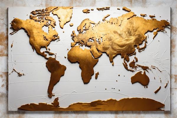 نقشه جهان طلایی برجسته روی بوم سفید بافت‌دار (نقشه دکوراتیو با سبک مینیمال، طلایی و سفید، مناسب دکوراسیون)