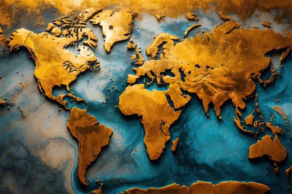 نقشه جهان برجسته طلایی با پس‌زمینه آبگین فیروزه‌ای (نقشه دکوراتیو با بافت متالیک، رنگ‌های آبی و طلایی، سبک مدرن)