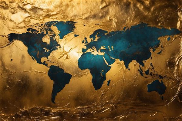 نقشه جهان طلایی روی بافت ورق طلا با دریای نیلی (نقشه دکوراتیو با پس‌زمینه فویل طلایی و فضای خالی اقیانوس تیره)
