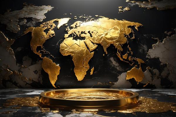 نقشه جهان طلایی برجسته روی دیوار مرمری تیره و سکو (تصویر دکوراتیو نقشه با پالت رنگ سیاه و طلایی، مناسب پرزنت)