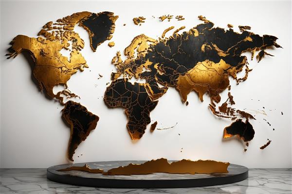 نقشه جهان سه‌بعدی طلایی و مشکی با پلتفرم نمایش (تصویر مینیمال و لوکس نقشه روی دیوار سفید و سکوی مرمری)