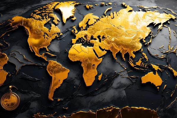نقشه جهان لوکس سه بعدی طلایی روی بافت سیاه نفتی (تصویر دکوراتیو نقشه با عمق و برجستگی متالیک و بافت لوکس)