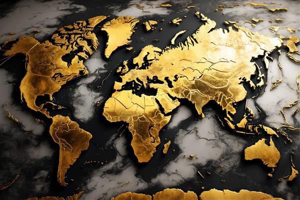 نقشه جهان سه‌بعدی طلایی بر روی سنگ مرمر مشکی (نقشه لوکس و مدرن جهان با بافت سنگی و متالیک)