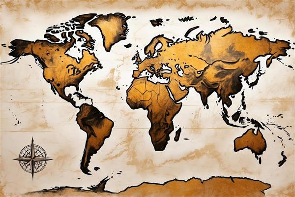 نقشه جهان طلایی با قطب‌نما روی کاغذ پوست‌نوشته قدیمی (نقشه دکوراتیو جهان با سبک قدیمی، قهوه‌ای و طلایی)