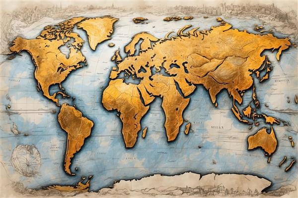 نقشه جهان قدیمی طلایی با مرزهای برجسته روی کاغذ آبی (تصویر دکوراتیو نقشه جهان، بافت قدیمی و سبک آبرنگ)