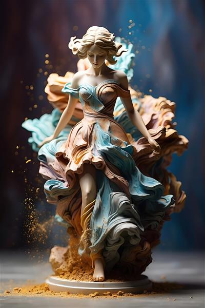 مجسمه الهه رنگارنگ با لباس موج‌دار و رقصان (تصویر دکوراتیو مجسمه سنگی زن با رنگ‌های پاستلی آبی و هلویی)