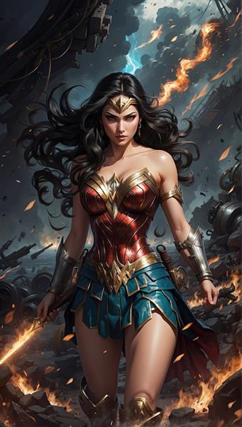 پرتره واندروومن با شمشیر در صحنه نبرد آخرالزمانی (تصویر سوپرقهرمان زن، زره قرمز و آبی در میان شعله و دود)