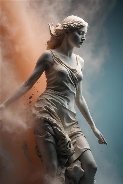 مجسمه الهه مرمری با لباس روان در میان ابرهای رنگی (تصویر پرتره زن کلاسیک، مجسمه سفید با پس‌زمینه آسمانی)