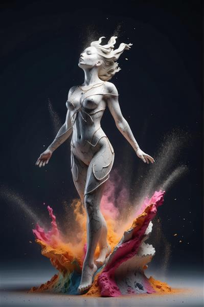 مجسمه الهه سفید در حال خروج از انفجار رنگ پودری (تصویر دکوراتیو زن مرمری با گرد و غبار رنگی، سورئال)