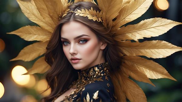 پرتره الهه طبیعت با تاج برگ طلایی و پرهای درخشان (تصویر زن با موی قهوه‌ای، لباس مشکی و جواهرات طلایی)