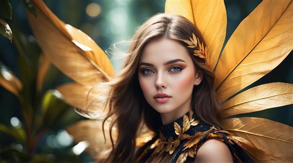 پرتره پری جنگلی طلایی و مرموز با بال و لباس برگ (تصویر زن با موی قهوه‌ای، لباس تیره و طبیعت سبز)