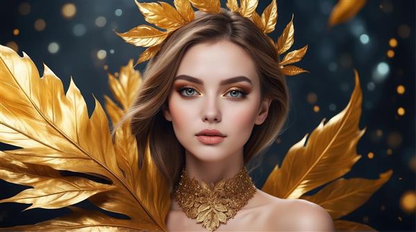 پرتره الهه طلایی درخشان با تاج برگ و بال‌های بزرگ (تصویر زن با موی روشن، جواهرات گردنی و پس‌زمینه بوکه دار)