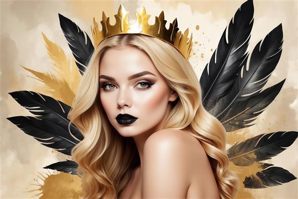 پرتره زن بلوند با تاج و پرهای سیاه و طلایی (تصویر ملکه با آرایش اسموکی و رژلب مشکی در پس‌زمینه بژ آبرنگی)