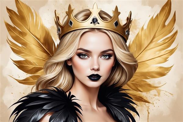 پرتره ملکه‌ بلوند با لب‌های مشکی و بال‌های طلایی (تصویر زن با تاج، شال پردار مشکی و پس‌زمینه دکوراتیو بژ)