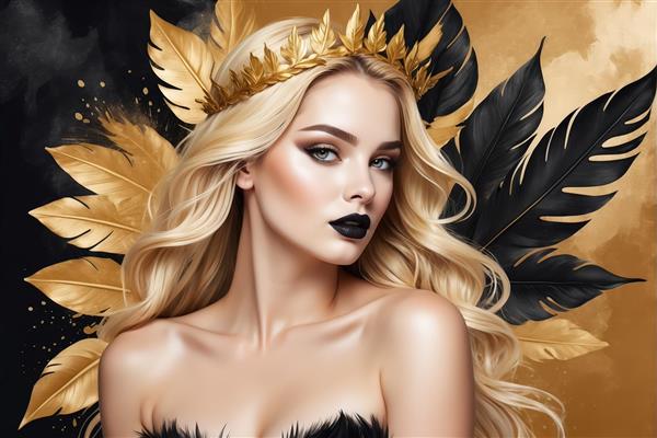 پرتره ملکه‌ بلوند با تاج و پرهای مشکی و طلایی (تصویر زن با موهای موج‌دار، آرایش تیره و پس‌زمینه لوکس سیاه و طلایی)