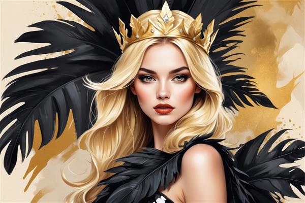 پرتره زن سلطنتی با تاج و شنل پردار مشکی و طلایی (تصویر دکوراتیو بلوند با آرایش چشم اسموکی و پس‌زمینه بژ)