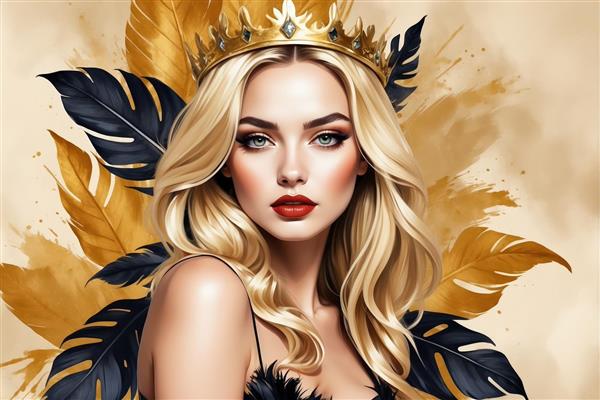 تصویر پرتره ملکه طلایی و مشکی با آرایش تیره (زن بلوند با تاج و پرهای سیاه و طلایی در پس‌زمینه بژ و لوکس)