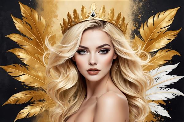 پرتره ملکه بلوند با بال فرشته‌ای طلایی و تاج شاهانه (تصویر دکوراتیو زن با موی طلایی، تاج و پس‌زمینه سیاه و طلایی)