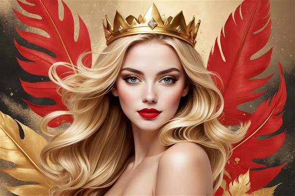 پرتره ملکه بلوند با تاج طلایی و پرهای سرخ (تصویر دکوراتیو زن با موهای موج‌دار روشن، رژلب قرمز و پس‌زمینه سلطنتی)