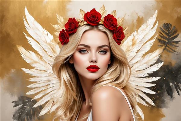 پوستر فرشته سفید: زن بلوند با بال‌های پر سفید و تاج گل رز قرمز بر زمینه طلایی