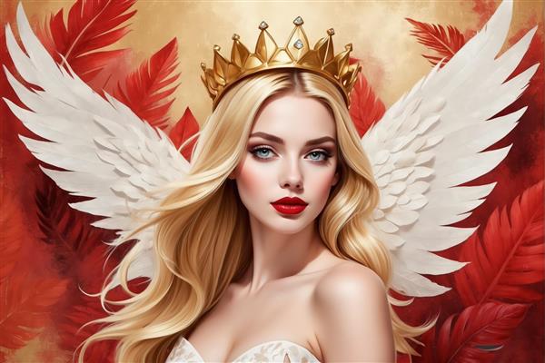 ملکه سفید و سرخ: زن بلوند با تاج طلایی و بال‌های پر سفید در پس‌زمینه پرهای قرمز