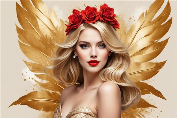 تابلو بال‌های زرین: زن بلوند با تاج رز، بال طلایی و لباس دکلته طلایی