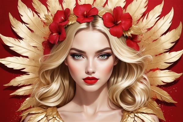 پوستر ملکه گل‌ها: زن بلوند با تاج هیبیسکوس قرمز و بال‌های پهن طلایی